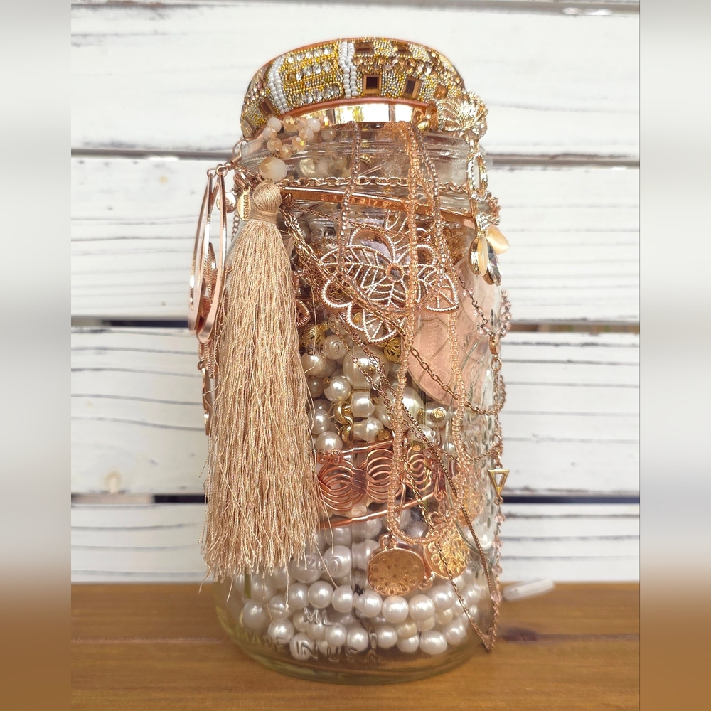 Rose Gold Tone Curated Mystery Jewelry Jar 2Lb 1 Oz Vintage-Modern Wearable 824c